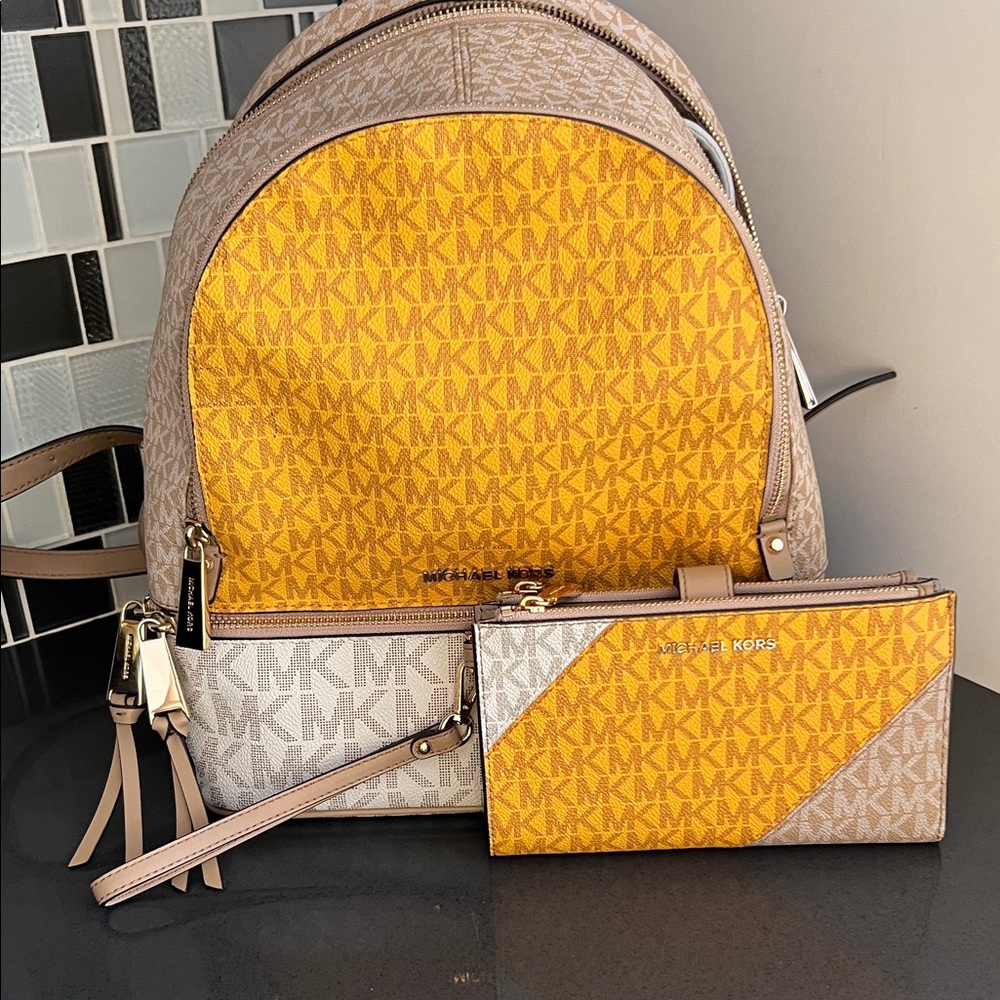 Michael Kors Yellow and Tan MK Logo Backpack with Wallet - Picture 1 of 5